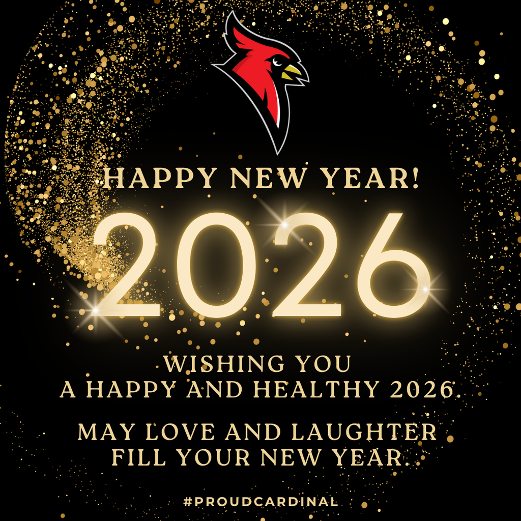 gold confetti on black background; cardinal logo