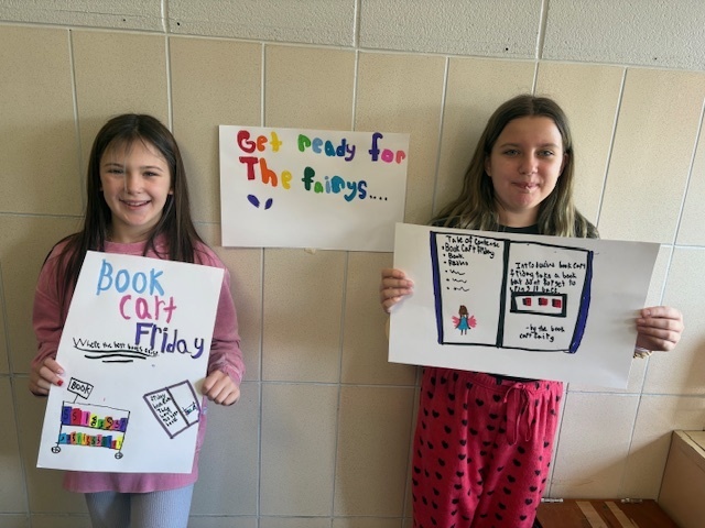 5th grade Student Library Board members helped Mrs. White with the distribution of Friday take-home books for Kdg and 2nd grade. They like to call themselves “book fairies”!