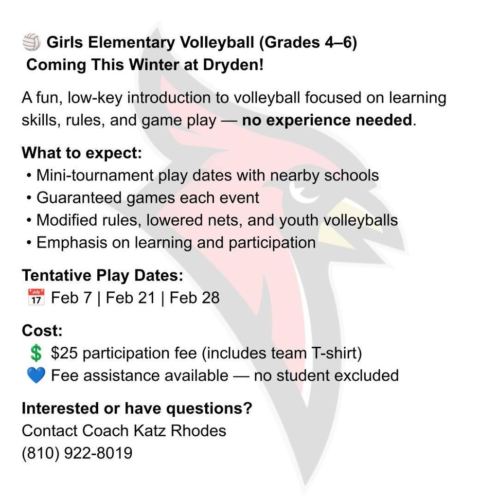 cardinal logo watermark; blue heart icon, dollar sign icon, calendar icon, volleyball icon