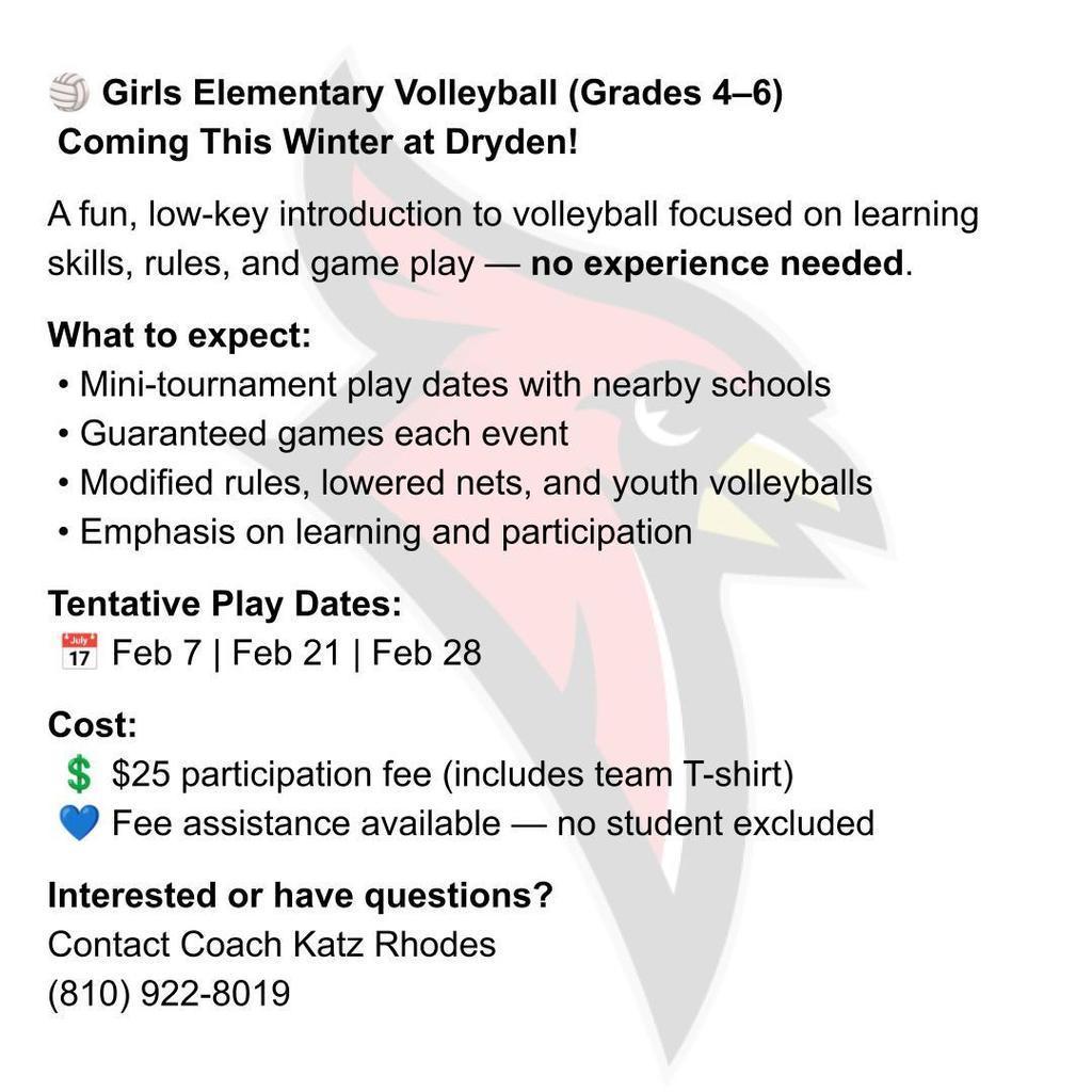 cardinal logo watermark; blue heart icon, dollar sign icon, calendar icon, volleyball icon