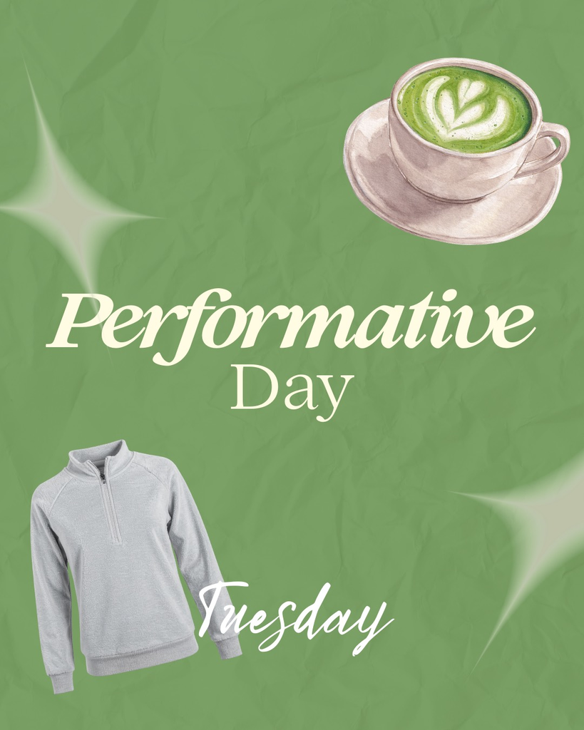 green background; quarter zip; cup of matcha