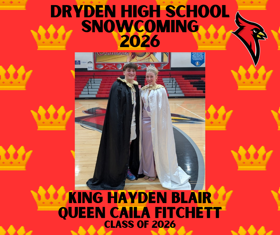 cardinal logo; red background with gold crowns; photo of high school senior boy and girl in royalty garb