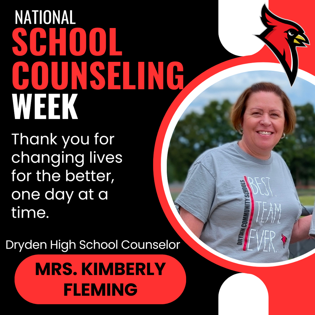 photo of high school counselor; cardinal logo