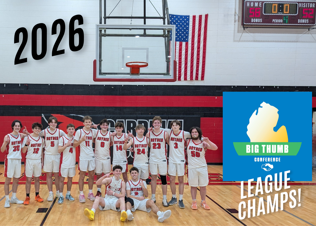 group photo of high school boys basketball team celebrating their league championship; Big Thumb Conference logo