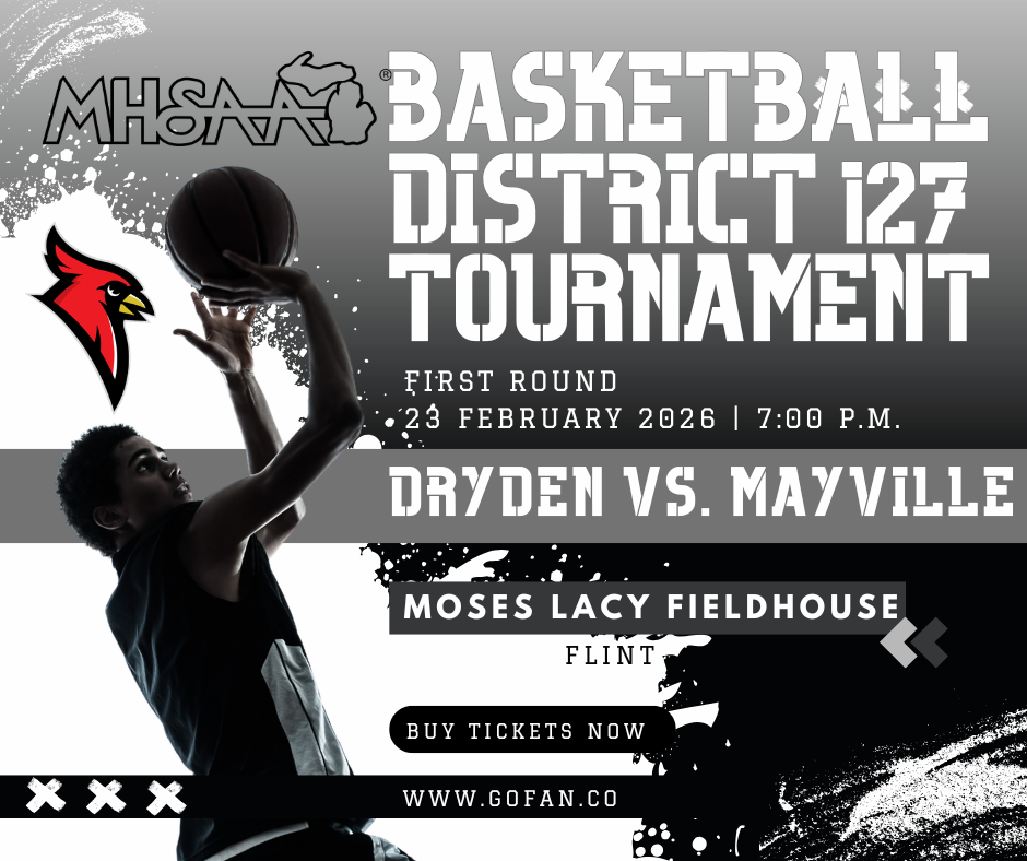 mhsaa logo; cardinal logo; outline of basketball player taking a shot