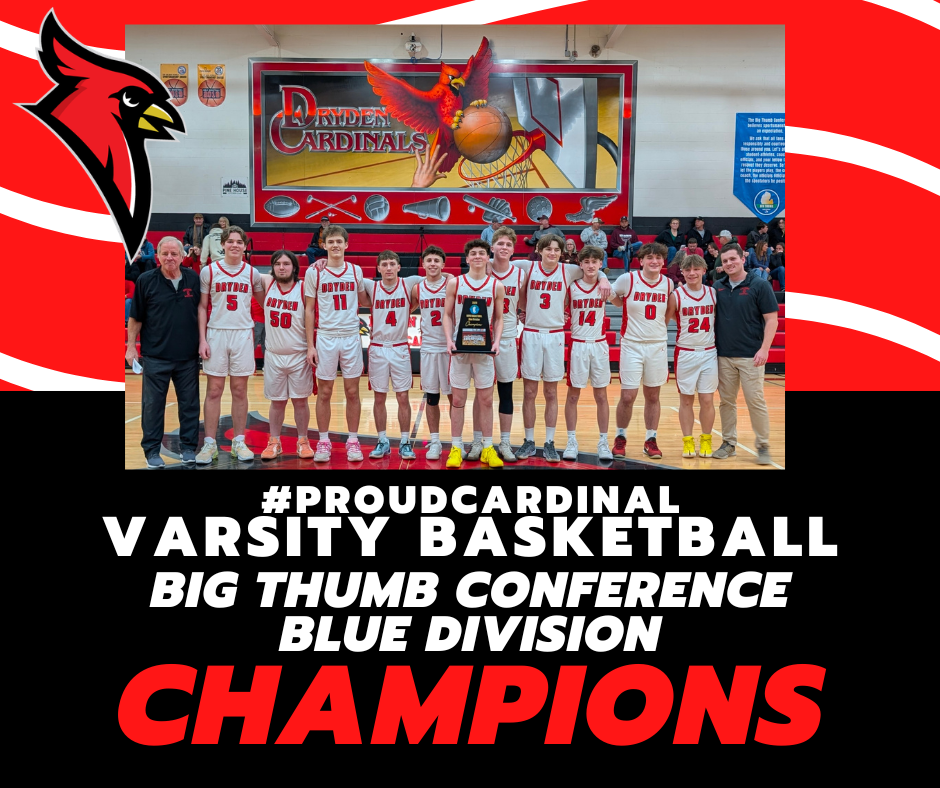 cardinal logo; photo of boys high school basketball team holding a championship trophy