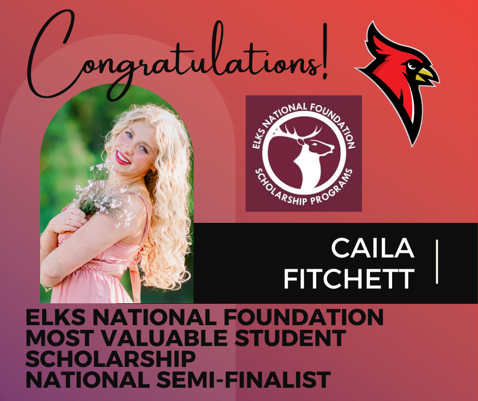 elks national foundation logo; cardinal logo; photo of female high school senior