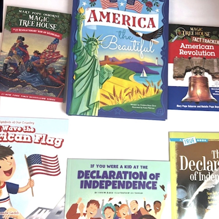 students in front of a flag