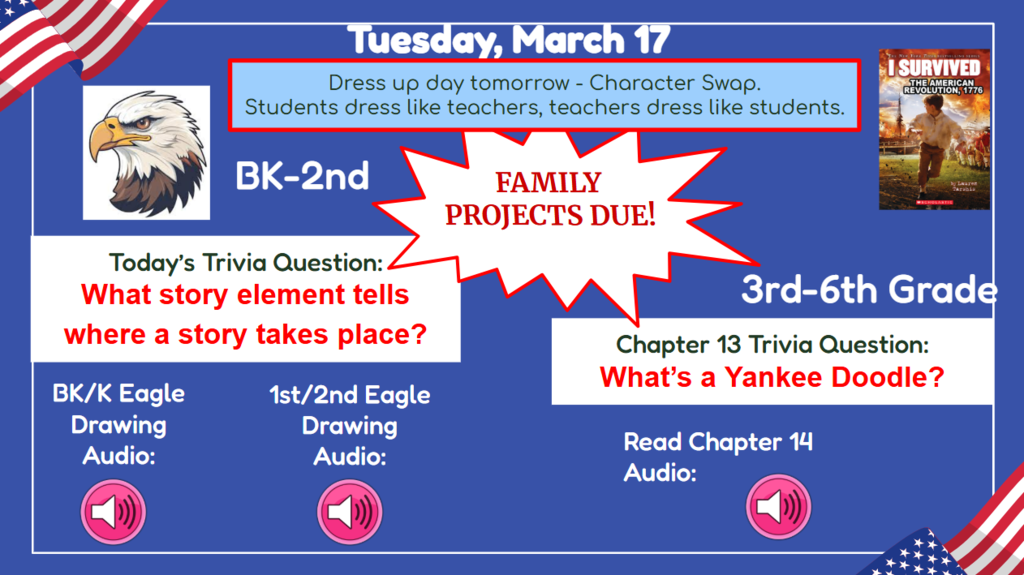 Tuesday, March 17  Dress up tomorrow - Character Swap. Students dress like teachers, teachers dress like students. Family Projects due tomorrow! K-2nd Grade Trivia question: What story element tells where a story takes place? BK/K Eagle drawing audio 1st/2nd eagle drawing audio 3rd-6th Chapter 13 trivia question: What’s a Yankee Doodle?  Audio  Read Ch. 14 Audio