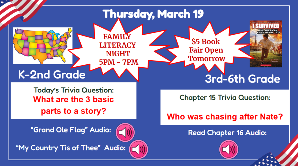 March is Reading Month - Thursday, March 19 Practice singing today - Grand Old Flag audio: https://youtu.be/4acqSIO2YLw?feature=shared    My Country Tis of Thee audio:https://www.youtube.com/watch?v=VKj7FLg3WVA  3rd - 6th: https://youtu.be/keziVECjjr0