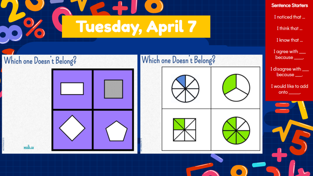 Tuesday, April 7 Which one doesn’t belong which one doesn’t belong? Sentence Starters I noticed that …  I think that …  I know that …  I agree with ___ because ____. I disagree with ___ because ___. I would like to add onto _____.