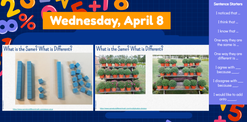 Wednesday, April 8 What is the Same? What is Different?  What is the Same? What is Different? Sentence Starters I noticed that … I think that … I know that … One way they are the same is … One way they are different is … I agree with ___ because ____. I disagree with ___ because ___. I would like to add onto _____.