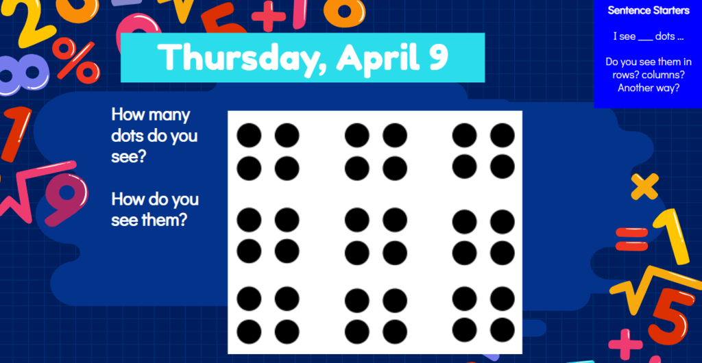 Thursday, April 9 How many dots do you see? How do you see them? Sentence Starters I see __ dots… Do you see them in rows? Columns? Another way?