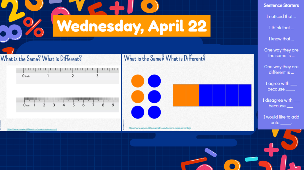 WEdnesday, April 23  What is the Same? What is Different?  What is the Same? What is Different? Sentence Starters I noticed that … I think that … I know that … One way they are the same is … One way they are different is … I agree with ___ because ____. I disagree with ___ because ___. I would like to add onto _____. 
