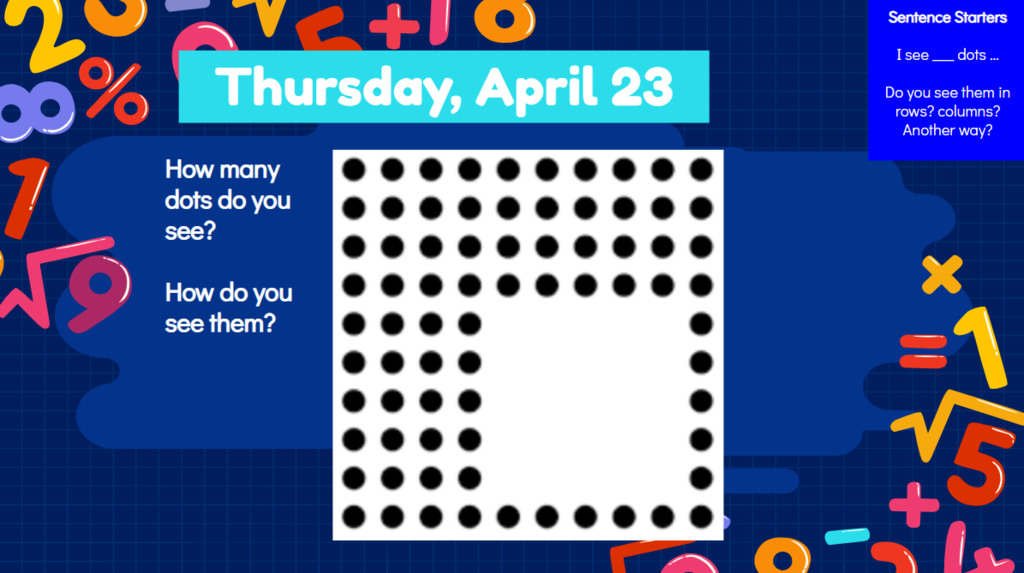 Thursday, April 23 How many dots do you see ? Sentence starters I see ___ dots Do you see them in rows? Columns? Another way?
