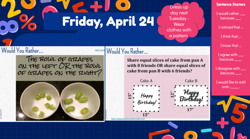 Friday, April 24 Dress us day next Tuesday - wear clothes with a pattern would you rather the bowl onthe left of grapes or the bowl of grapes on the right? Would you rather share equal alsied of cake from pan a with 8 friends or share equal slices of cake from pan b with 6 friends? Cake a 15” by 15” cake b 12” x 17” I would rather ___ because ___.I noticed that …I think that …I know that …I agree with ___ because ____. I disagree with ___ because ___.I would like to add onto _____.