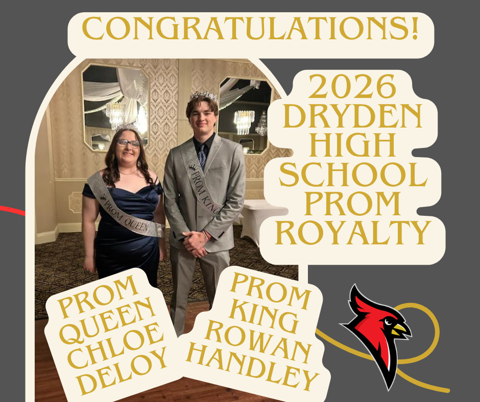 photo of prom king and queen; cardinal logo