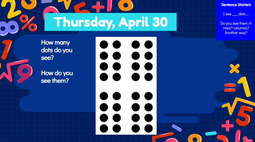 Thursday, April30  How many dots do you see? How do you see them? Sentence Starters I see __ dots… Do you see them in rows? Columns? Another way?