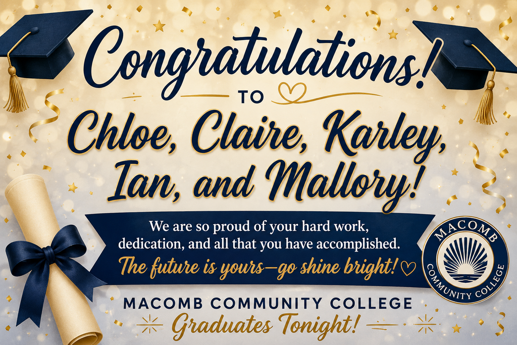 graduation caps, rolled up diploma, Macomb CC logo