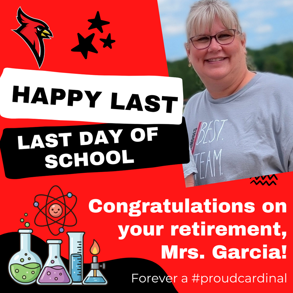 photo of retiring teacher; cardinal logo; science icon