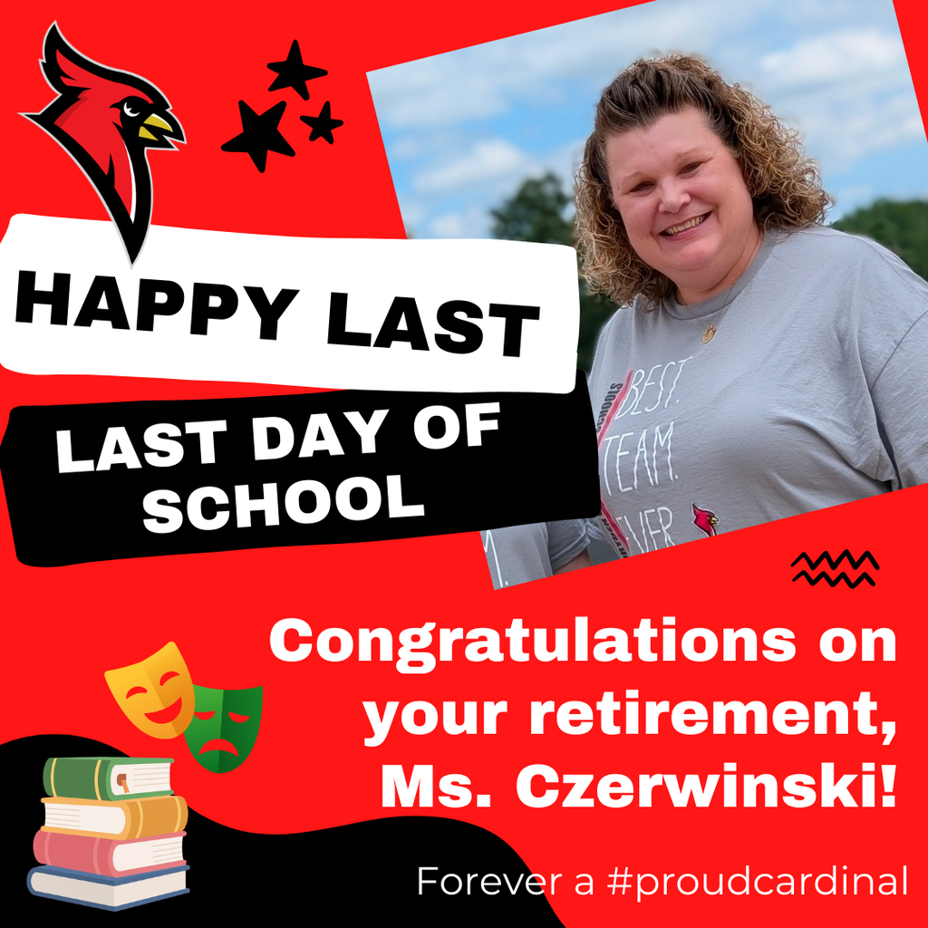 photo of retiring teacher; cardinal logo; books and theater icon