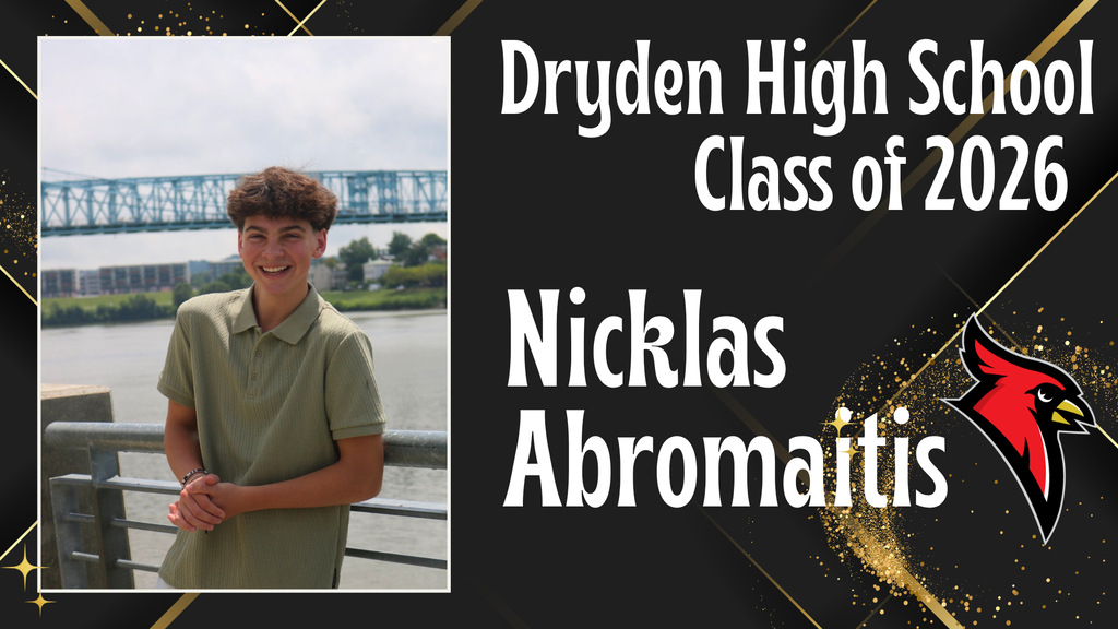 photo of high school senior; cardinal logo; black and gold background