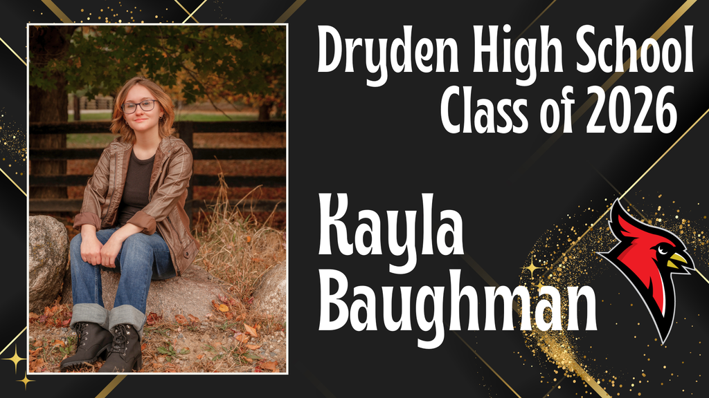 photo of high school senior; cardinal logo; black and gold background