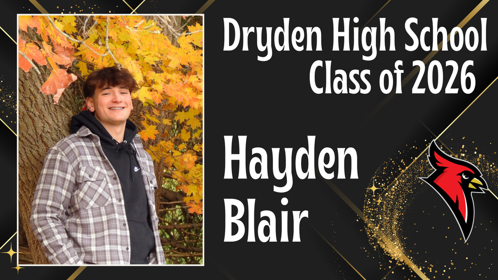 photo of high school senior; cardinal logo; black and gold background