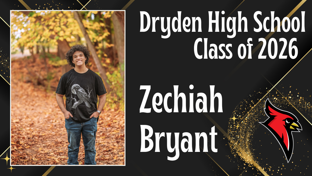 photo of high school senior; cardinal logo; black and gold background