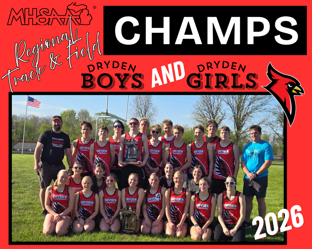 photo of high school boys and girls track teams and coaches holding the regional trophy; cardinal logo; MHSAA logo