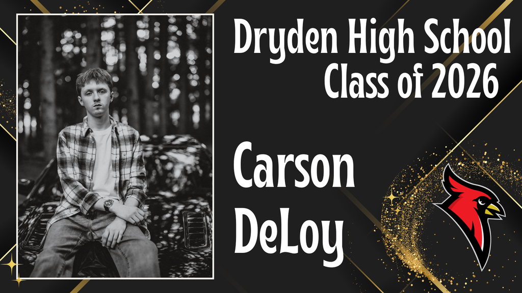 photo of high school senior; cardinal logo; black and gold background