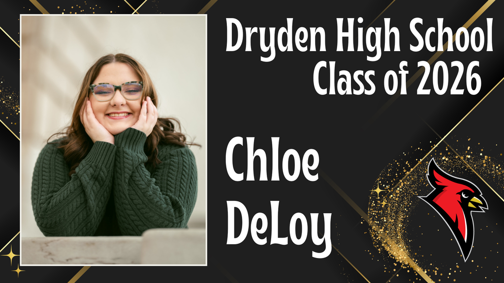 photo of high school senior; cardinal logo; black and gold background