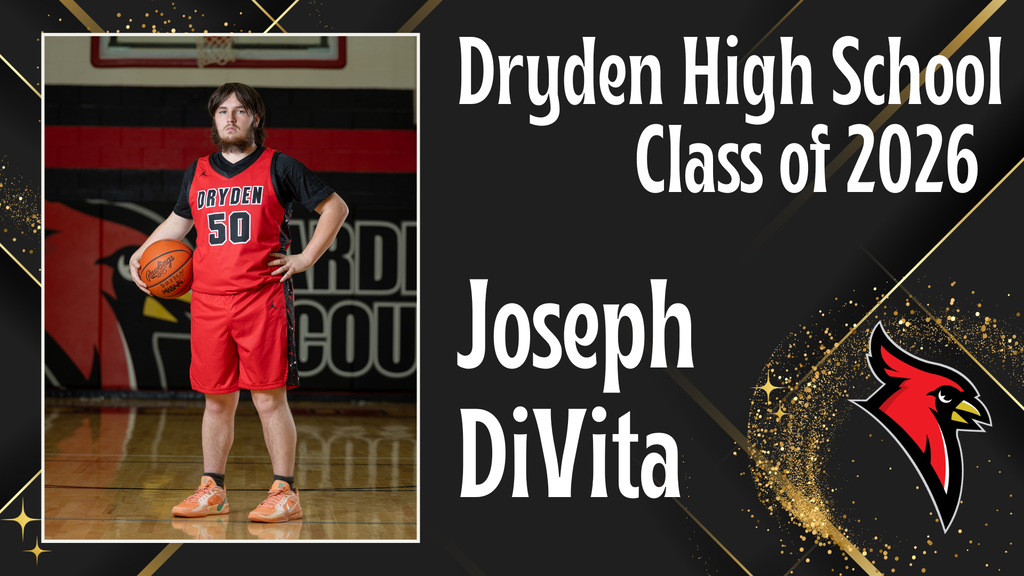 photo of high school senior; cardinal logo; black and gold background