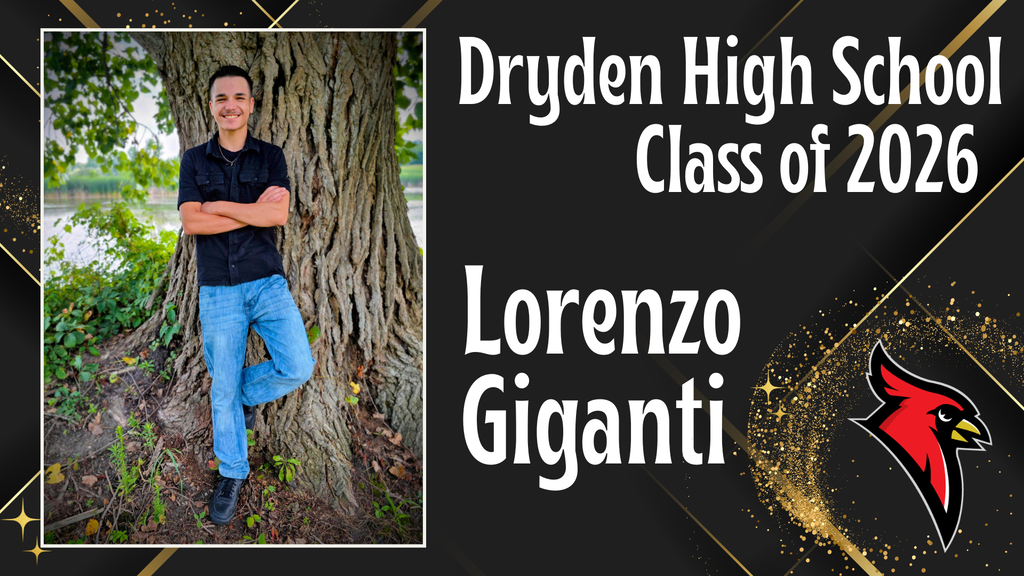 photo of high school senior; cardinal logo; black and gold background