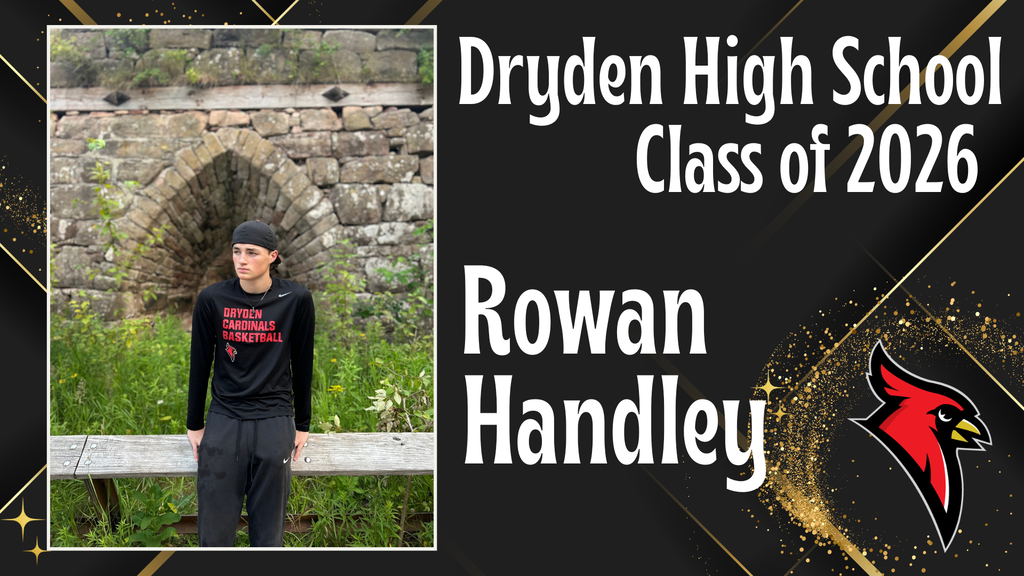 photo of high school senior; cardinal logo; black and gold background