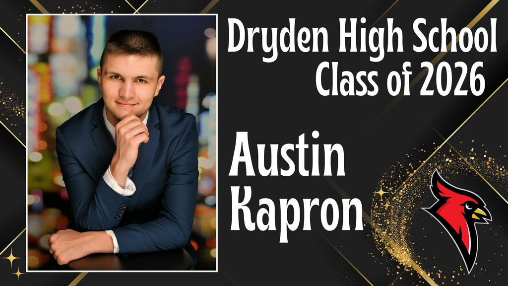 photo of high school senior; cardinal logo; black and gold background