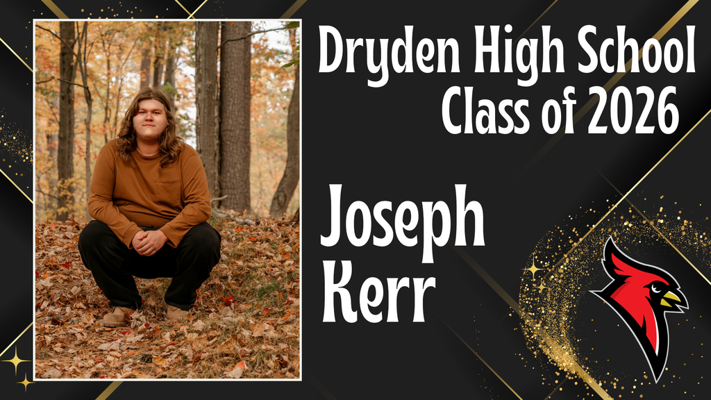 photo of high school senior; cardinal logo; black and gold background