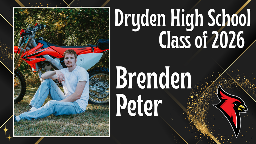 photo of high school senior; cardinal logo; black and gold background