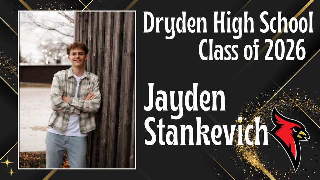 photo of high school senior; cardinal logo; black and gold background