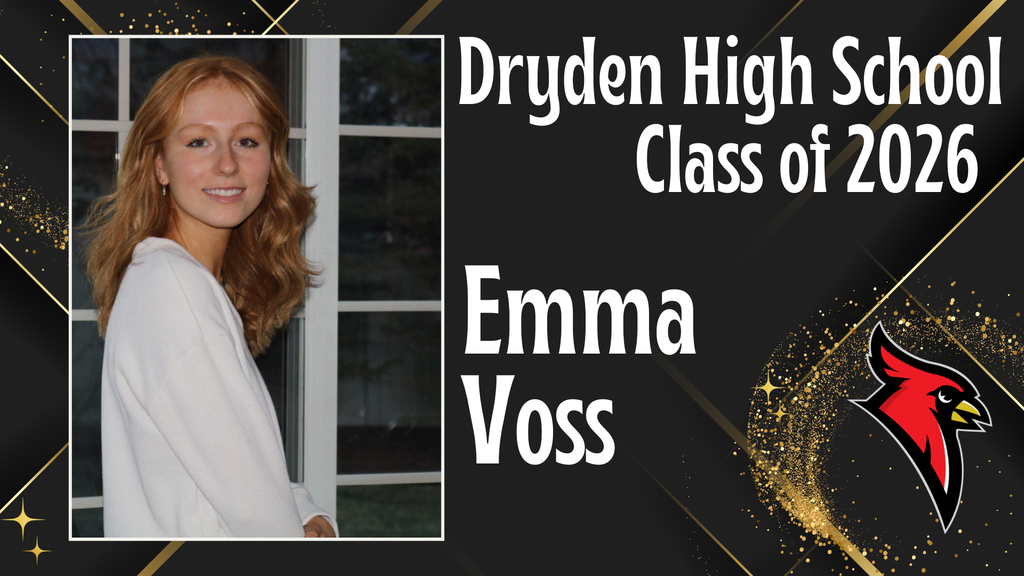 photo of high school senior; cardinal logo; black and gold background