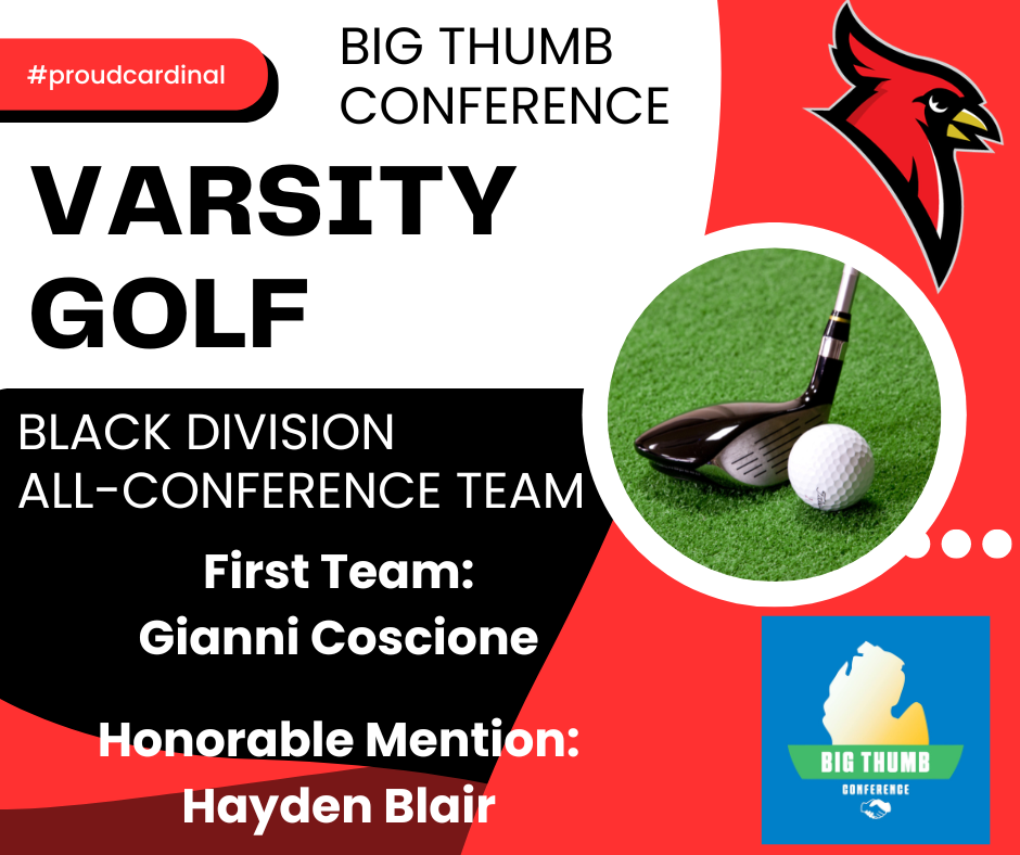 golf putter and ball; cardinal logo; big thumb conference logo