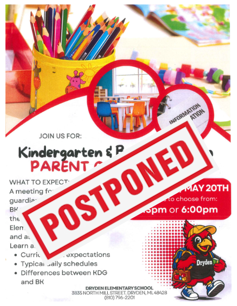 flyer for kindergarten parents with a postponed sign on it
