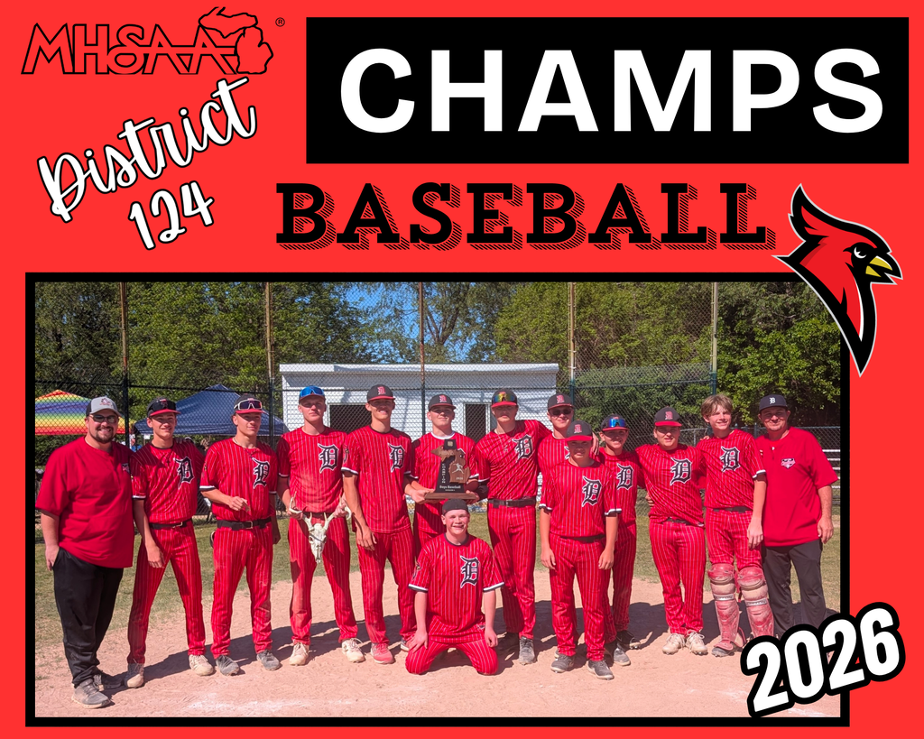 photo of winning baseball team; cardinal logo; MHSAA logo