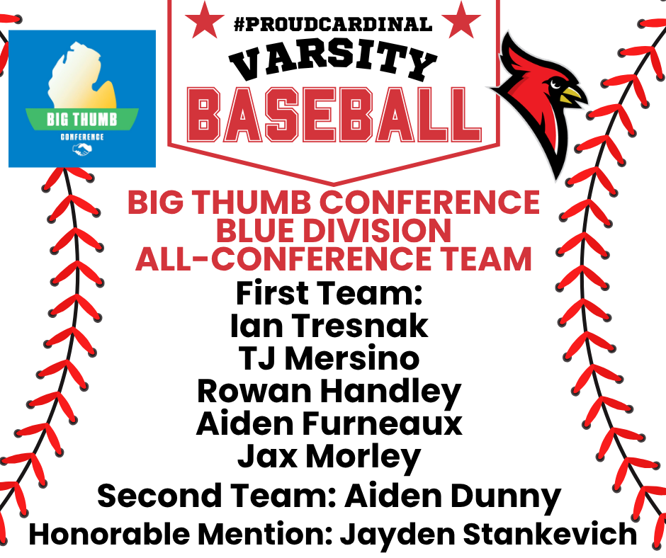 baseball stitches, baseball, crossed baseball bats, stars, cardinal logo; big thumb conference logo