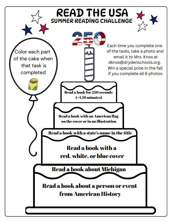 REad the USA summer reading challenge color each prate of the cake when that task is completed. Each time you complete one of the tasks, take a photo and email it to Mrs.Knox at dknox@drydenschools.org. Win a special prize in the fall if you complete all 6 photos. 250 read a book or 250 seconds (4.16 minutes) read a book with an american flag on the cover or in an illustration. Read a book with a state’s name in the title read a book with a red, white, or blue cover. Read a book about Michigan. Read a book about a person or even from American History.