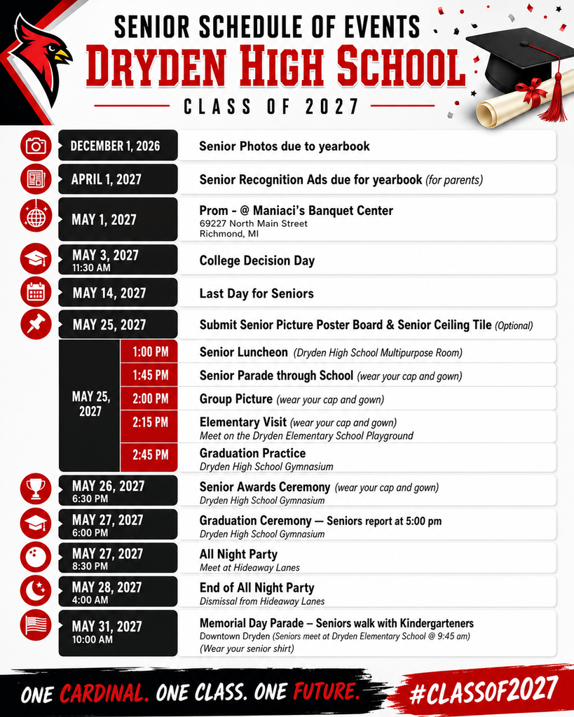 Dryden High School Senior Schedule of Events 2027