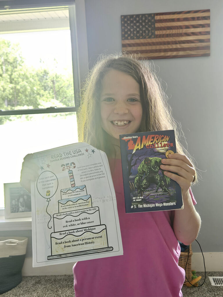REad the USA summer reading challenge color each prate of the cake when that task is completed. Each time you complete one of the tasks, take a photo and email it to Mrs.Knox at dknox@drydenschools.org. Win a special prize in the fall if you complete all 6 photos. 250 read a book or 250 seconds (4.16 minutes) read a book with an american flag on the cover or in an illustration. Read a book with a state’s name in the title read a book with a red, white, or blue cover. Read a book about Michigan. Read a book about a person or even from American History.