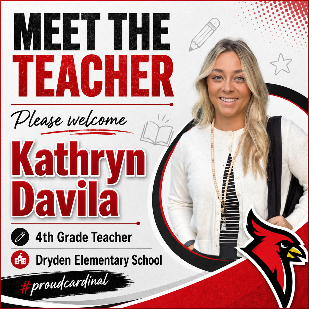 Please join us in welcoming Kathryn Davila to Dryden Community Schools! Kathryn will be teaching fourth grade at Dryden Elementary School. We are excited for the energy, care, and enthusiasm she will bring to her classroom and to our students. Welcome to the Cardinal family, Kathryn! ❤️🖤 #ProudCardinal
