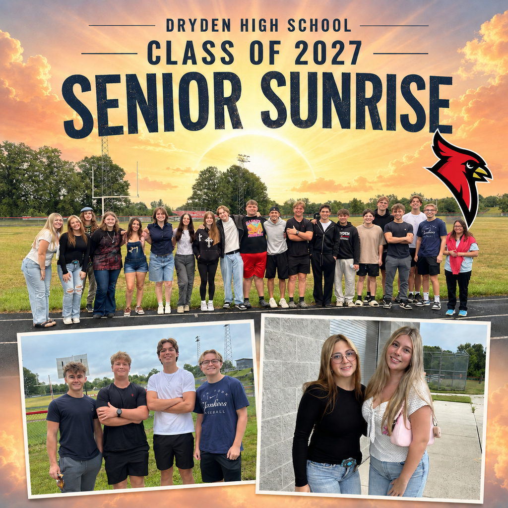 ☀️ Senior Sunrise ☀️  The Dryden High School Class of 2027 began their senior year together this morning with Senior Sunrise at Stremler Field!  This special tradition gave our seniors an opportunity to gather with friends and watch the beginning of a new day—and the beginning of their final year at Dryden High School.  Thank you to Mrs. Maday, the Class of 2027 sponsor, for coordinating this memorable event for our seniors. We hope the Class of 2027 has a wonderful senior year! ❤️🖤  #DrydenCardinals #ClassOf2027 #SeniorSunrise #ProudCardinal
