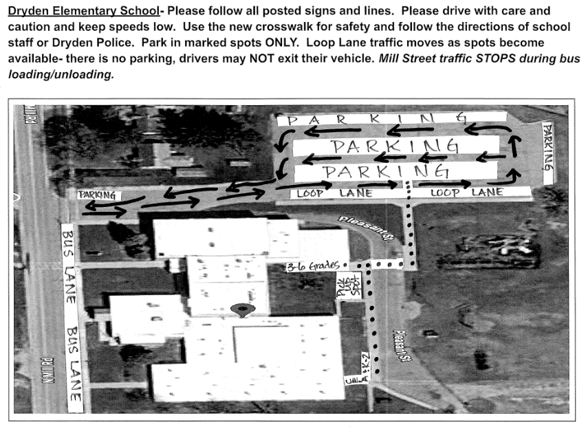 Dear Cardinal Families,  As you know, the Village of Dryden has partnered with the Lapeer County Drain Commission to address local drainage problems. Work on this started this summer and continues into the fall. While we had hoped that the work affecting the day-to-day operations of the school would have been completed by now, that portion is beginning now. While the school has no control over the project's timeline, we are doing our best to implement alternate plans to lessen the impact on families.  Because this construction directly affects Pleasant Street and North Street, we are making updates to our arrival and dismissal procedures. Key changes include: moving staff parking to open spaces in the north lot, relocating CELA parking to the north lot, moving school buses to the front of the building, and adding additional overflow parking at St. Cornelius Church.  Safety First & Parking Guidelines: Because traffic patterns are changing, please drive with extra care and caution around campus. Watch for pedestrians, follow all posted signage, obey staff and/or police direction, and keep speeds low.  ● St. Cornelius Parking Lot: We are extremely grateful to St. Cornelius for graciously allowing our school and families to use their parking lot. To show our respect for their generosity, please follow all posted signage on church property and be mindful that access may be limited during scheduled church events.  ● North Lot Changes: The parking lot will be relined on Friday, August 21, 2026. We are adding in a crosswalk to enhance safety. Parents and children are required to use the crosswalk area. Parking is permitted in marked spots only. DO NOT PARK in unmarked spaces or spots marked no parking (either with a sign or lines on the pavement). We have vehicles of various sizes that require the space available to maneuver through the parking lot.  ● Maps & Sharing: Detailed maps outlining these changes are attached to help you navigate drop-off and pick-up zones. Please share this communication and attached maps with anyone else who may be driving your student (grandparents, babysitters, carpool drivers, etc.).  As we receive construction updates from the Village and the Drain Commission, we will continue to share that information directly with you.  The following changes go into effect on Monday, August 24th and remain in effect until further notice:  Elementary K-6 Families: ● Prior to 8:00 AM: No changes. ● Morning Drop-off (8:00 AM – 8:30 AM): Front parking is unavailable (buses relocated here). Use the loop lane, the north lot, or St. Cornelius. Students will enter in the back as normal. ● Afternoon Pick-up (3:00 PM – 3:45 PM): Front parking is unavailable. Please avoid picking up students during this window if possible. Bus students load first at the front of the building; dismissal pick-up remains in the back courtyard (students may exit slightly later than normal). ● Loop Lane Rules: Available only for students who can walk safely and independently to/from the school and lot. Students must enter/exit on the passenger side. Drivers must stay in their vehicles. If leaving your car, park in a marked spot. ● Daytime Visits: If front spots are closed, park in the north lot or church spaces. ● Important Reminders: ○ Safety & Pedestrians: Follow posted signage. Pedestrians have the right of way. Staff will be on hand to assist, and all parents using the north lot must use designated crosswalks. ○ Time & Patience: Plan ahead and adjust your schedule. Pack your patience—everyone is doing their best. ○ Parking Capacity & Flow: With 120+ vehicles sharing 85 north lot spots, please keep traffic moving and refrain from long chats. Schedule appointments for detailed staff conversations. ○ Traffic & Alternatives: Mill Street traffic stops during bus loading/unloading. Consider using bus transportation—call (810) 724-9852 to set this up. Carpooling or walking (if you live in town) are also great options.  CELA and Cardinal Club Families: ● Prior to 8:00 AM: No changes. ● Morning Drop-off (8:00 AM – 8:30 AM): Front parking is unavailable (buses relocated here). If dropping off after 8:00 AM, park at St. Cornelius and walk across the street to the appropriate CELA or Cardinal CLub door. ● 8:15 AM Drop-off: Utilize the north parking lot. but you must park and walk your child to the CELA door. ● Afternoon Pick-up (3:00 PM – 3:45 PM): Front parking is unavailable. Families picking up at the regular end of school day dismissal times must utilize the north lot and walk to the appropriate door. ● Daytime Visits: If you have school business lasting longer than 10 minutes during the day, please park in either the north lot or St. Cornelius spaces. ● Important Reminders: ○ No Parking in the Loop Lane: If you get out of your vehicle, you must park in a marked spot. ○ Time & Patience: Plan ahead and adjust your time. Pack your patience as everyone does their best. ○ Parking Capacity: The north lot has roughly 85 spots for 120+ vehicles utilizing daily drop-off/pick-up. Please move quickly and refrain from lengthy conversations with staff or other parents. If you need to speak with staff, please make an appointment. ○ Traffic & Alternatives: Mill Street traffic stops during bus loading/unloading. Consider carpooling or walking if you live in town.  We want to acknowledge the partnerships with the Village of Dryden, St. Cornelius Church, the Imlay CIty Transportation Department, the Dryden Police Department, the Lapeer County Drain Commission, as well as the various contractors- THANK YOU! To our Cardinal Families, we greatly appreciate your patience, kindness, flexibility, and cooperation as we work through these construction adjustments together to keep our students safe and traffic flowing the best we can.  Thank you for your continued support,  Mrs. Abromaitis, Principal Dr. Morley , Cardinal Early Learning Academy Director Mrs. Finnigan, Superintendent  Dryden Elementary school please follow all posted signs and lines. Please drive with care and caution and keep speeds low. Use the new crosswalk for safety and follow the directions of school staff or Dryden police. Park in marked spots only. Loop lane traffic moves as spots become available - there is no parking, drivers may NOT exit their vehicle. Mill street traffic stops during the bus loading/unloading.  St. Cornelius Church overflow parking - please follow all posted signs. Follow the directions of school staff or dryden police. Parking in marked spots only. Access may be limited during scheduled church events. Mill street traffic stops during bus loading/unloading.